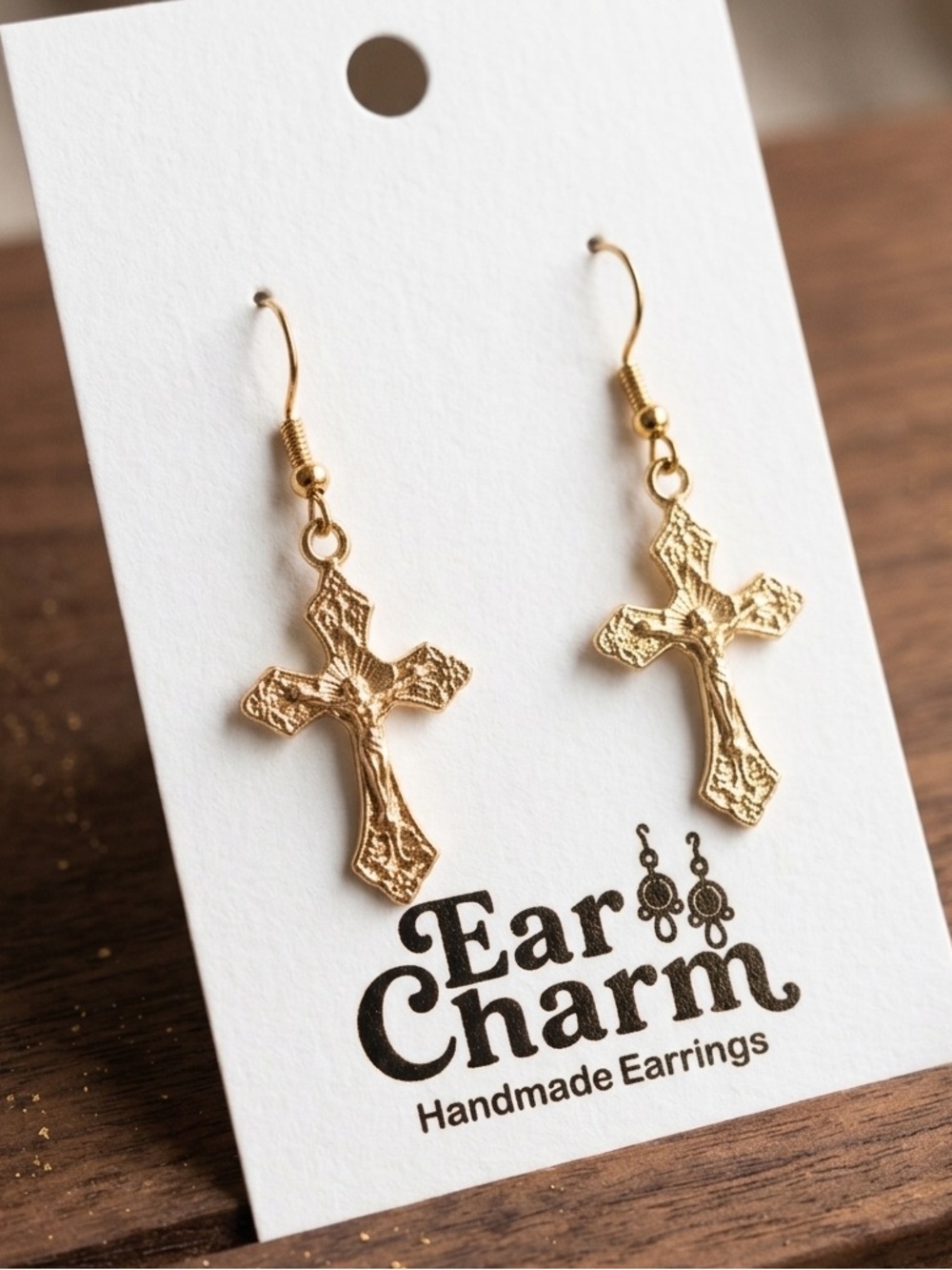 New - Gold Toned Crucifix Cross Dangle Earrings